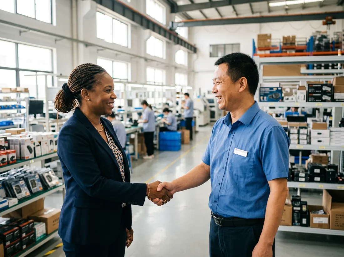 Une entrepreneure haïtienne et un fabricant chinois se serrent la main dans une usine