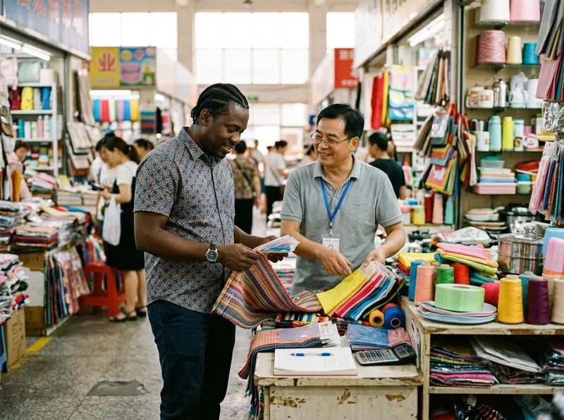 Un entrepreneur haïtien inspecte des échantillons avec un fournisseur à Yiwu
